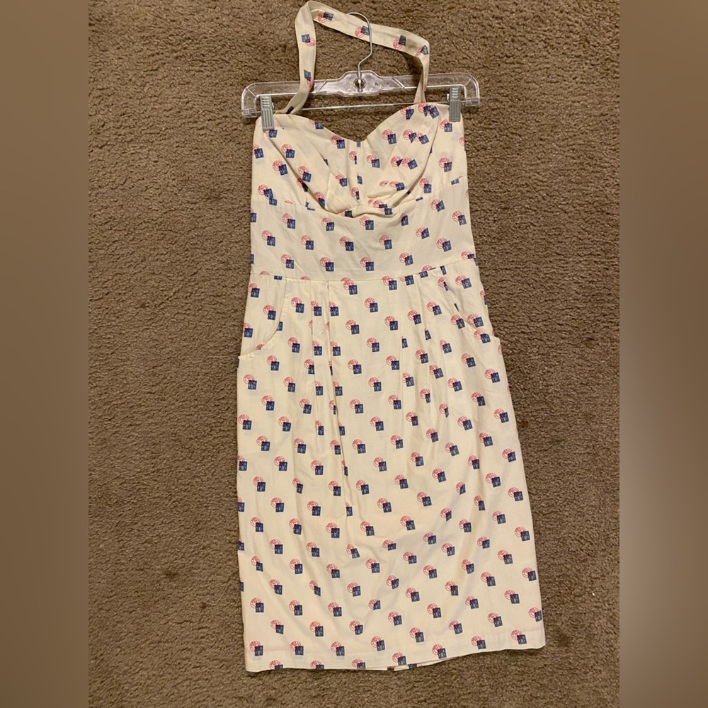 Cream Dress with Red and Blue Pattern